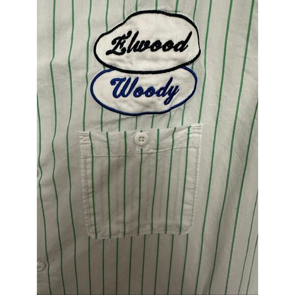 ELWOOD WOODY PINSTRIPE SHORT SLEEVE BUTTON-UP WORK SHIRT IN WHITE/KELLY GREEN Sz - Picture 5 of 7